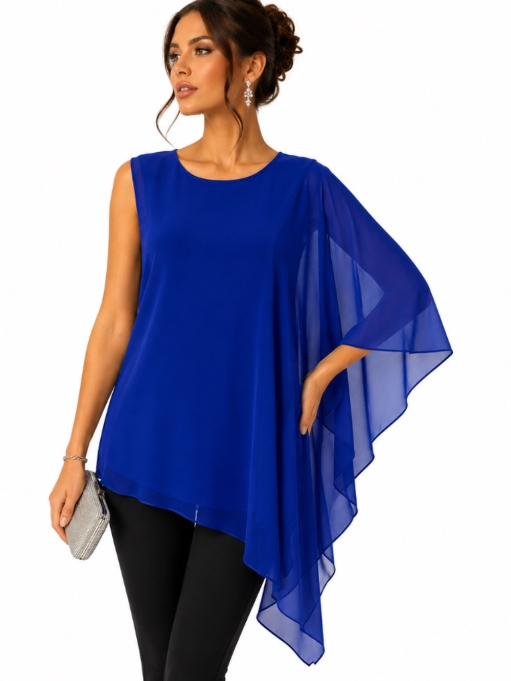 Dkny NEW Blue Glamorous One Sleeve Romantic Chiffon Cape Overlay Blouse Size XL